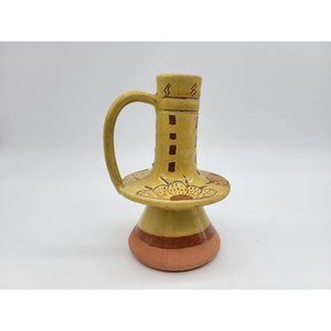 Pennsylvania Yellow Ware Glazed Chimney Candlestick W/Handle Incised Design